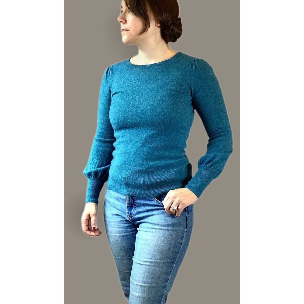 Nanette Lapore 100% Cashmere Sweater Teal Lantern Sleeve Crew Neck Size XS